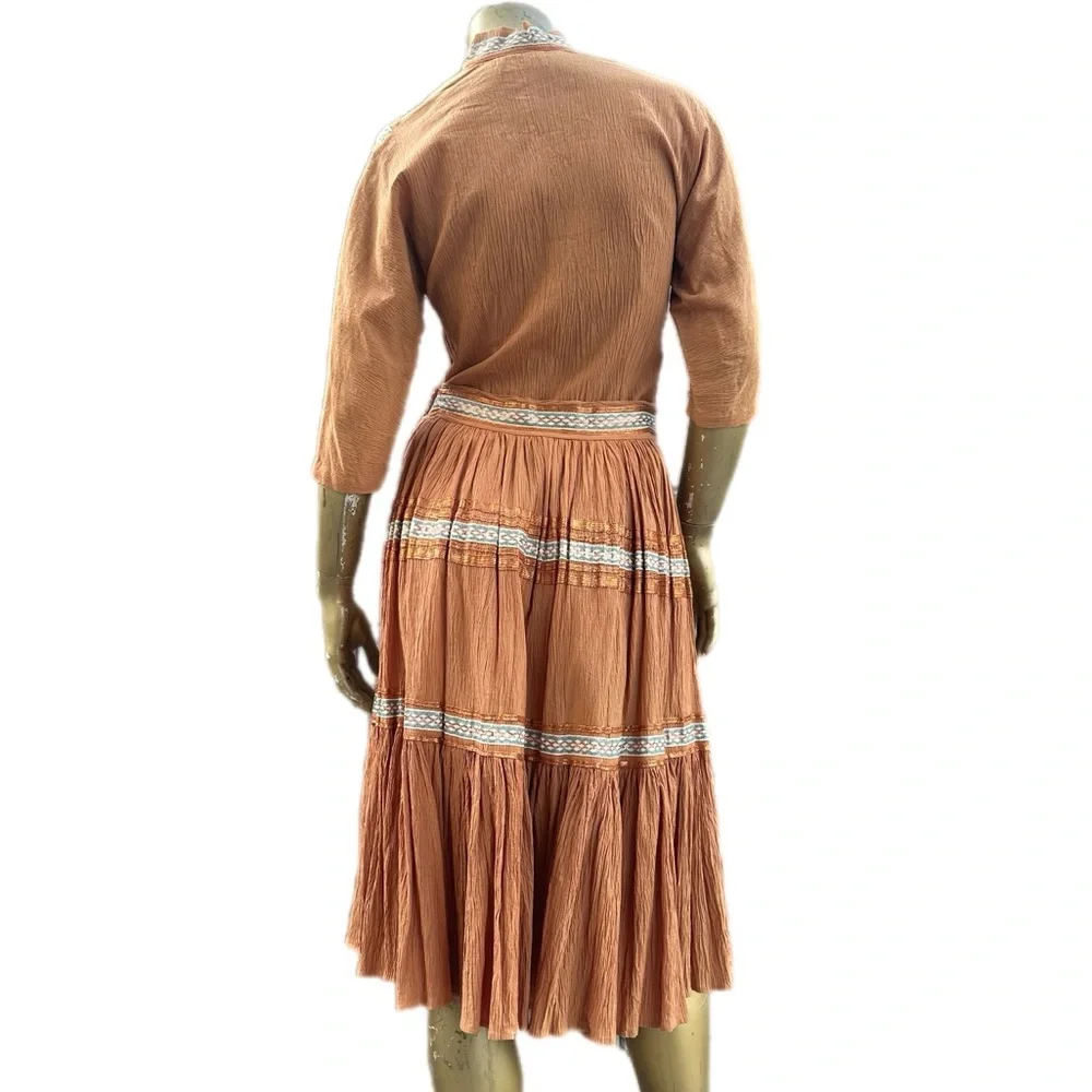 VINTAFE GEORGIE OF ARIZONA GAUZE & COPPER METALLIC PATIO DRESS 2-PIECE SKIRT SET
